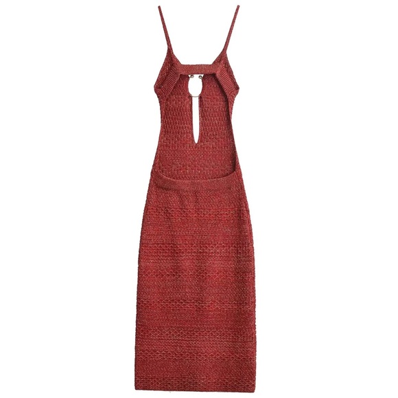 WOMAN MIDI STRAPPY METALLIC KNIT DRESS WITH BUCKLE CUT-OUT RED- NEW NEVER WORN - Picture 2 of 5